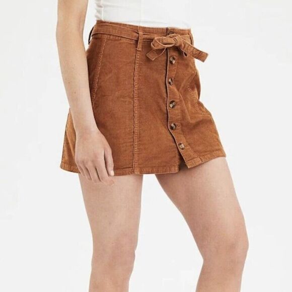 American Eagle Hi-Rise A-Line Skirt Corduroy Tie Waist Stretch Brown Size 6 - Picture 1 of 11